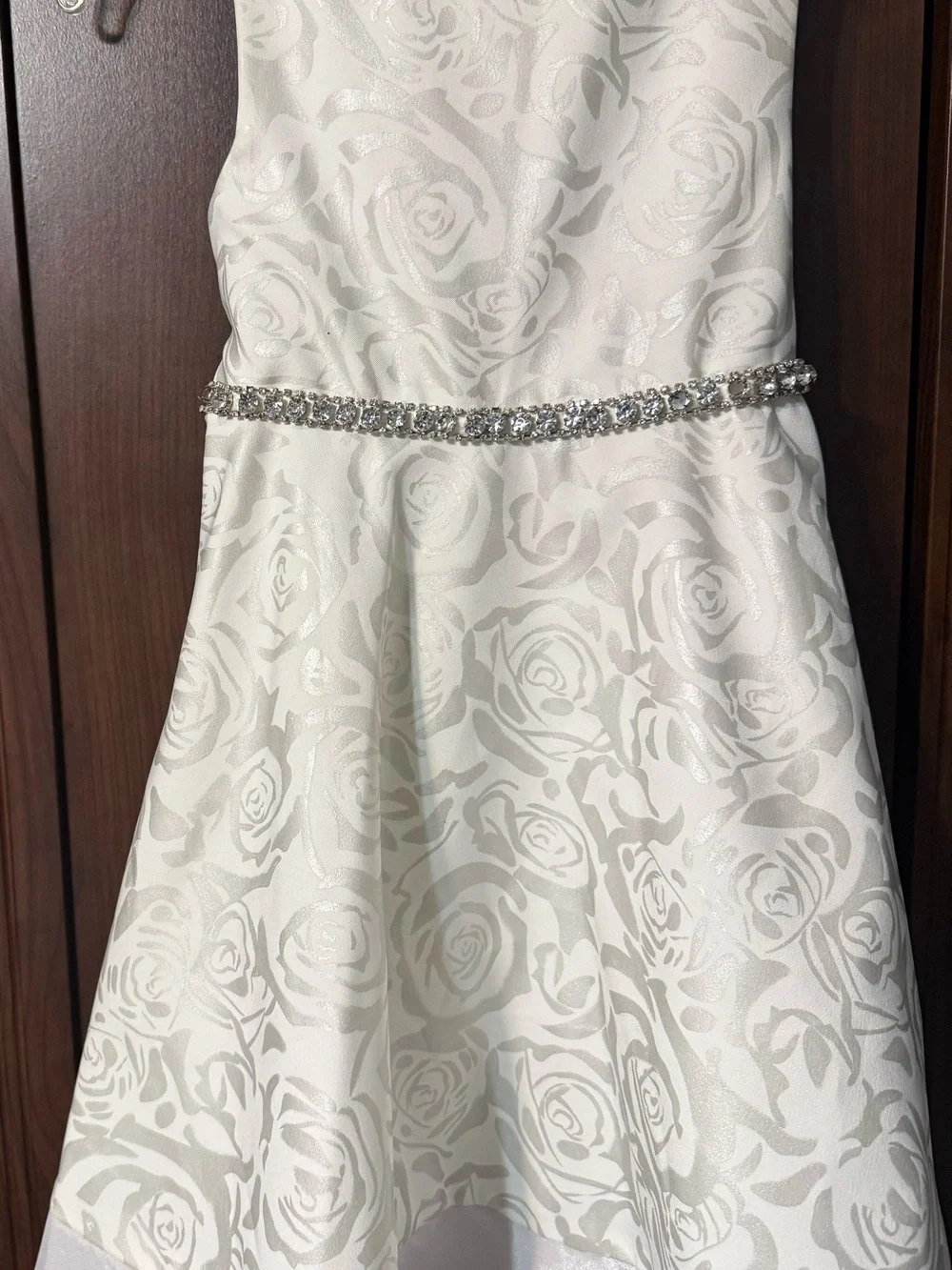 Rare Editions White Floral Jacquard Dress with Rhinestone Belt